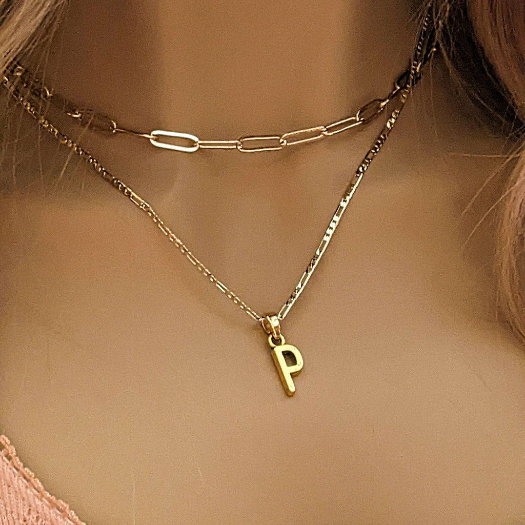 Gold Paperclip Initial Layered Necklace Set