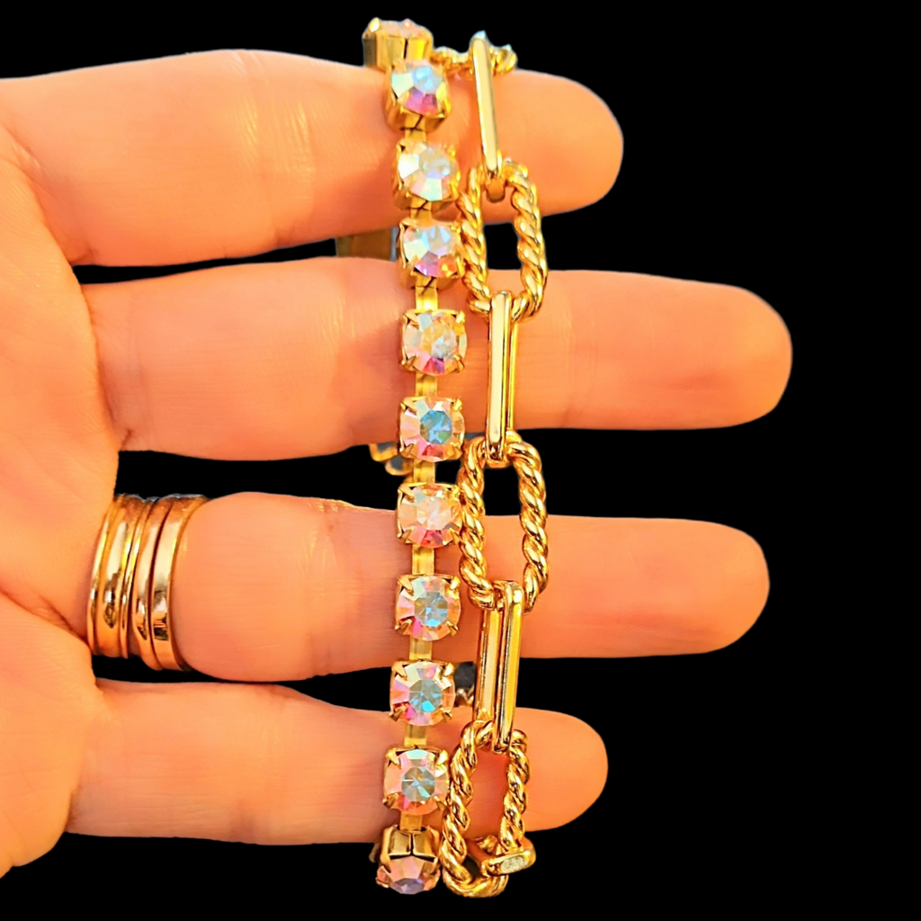 Gold Paperclip Layered Faceted Crystal Bracelet