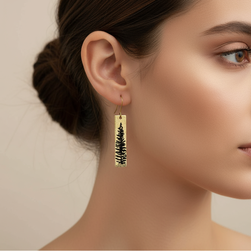 Gold Pine Tree Tag Dangle Earrings
