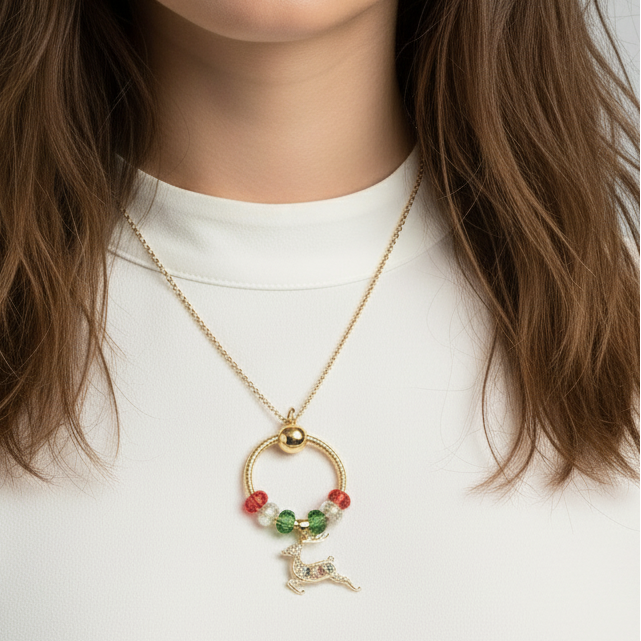 Gold Reindeer Charm Keeper Necklace, Approx. 26 inches