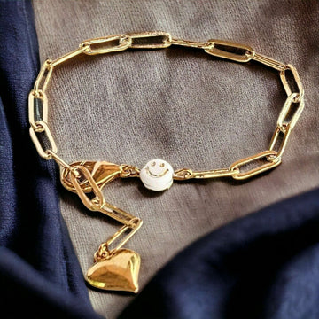 Gold Smiley Stainless Steel Paperclip Chain Bracelet
