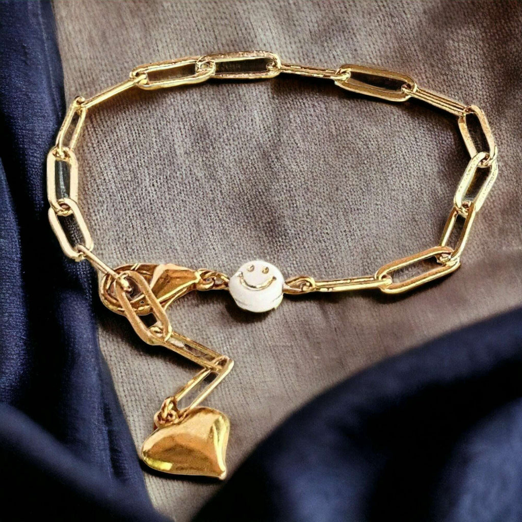 Gold Smiley Stainless Steel Paperclip Chain Bracelet
