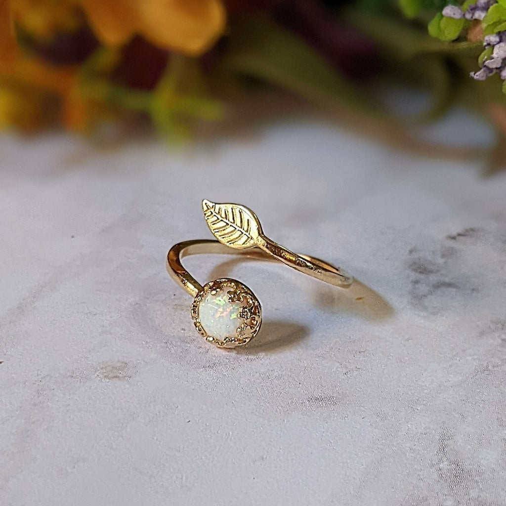 Gold White Opal Adjustable Leaf Ring