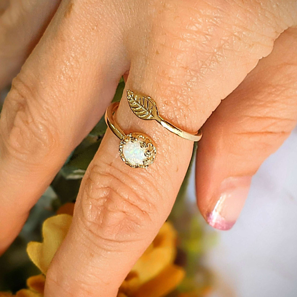 Gold White Opal Adjustable Leaf Ring