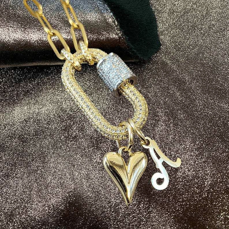 Gold Initial Heart Carabiner Necklace - 20 inch