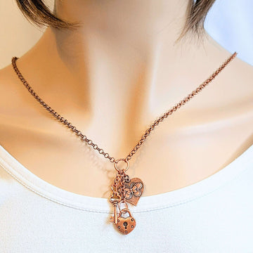 Heart Lock & Key Copper Charm Keeper Necklace, 18-24 inch