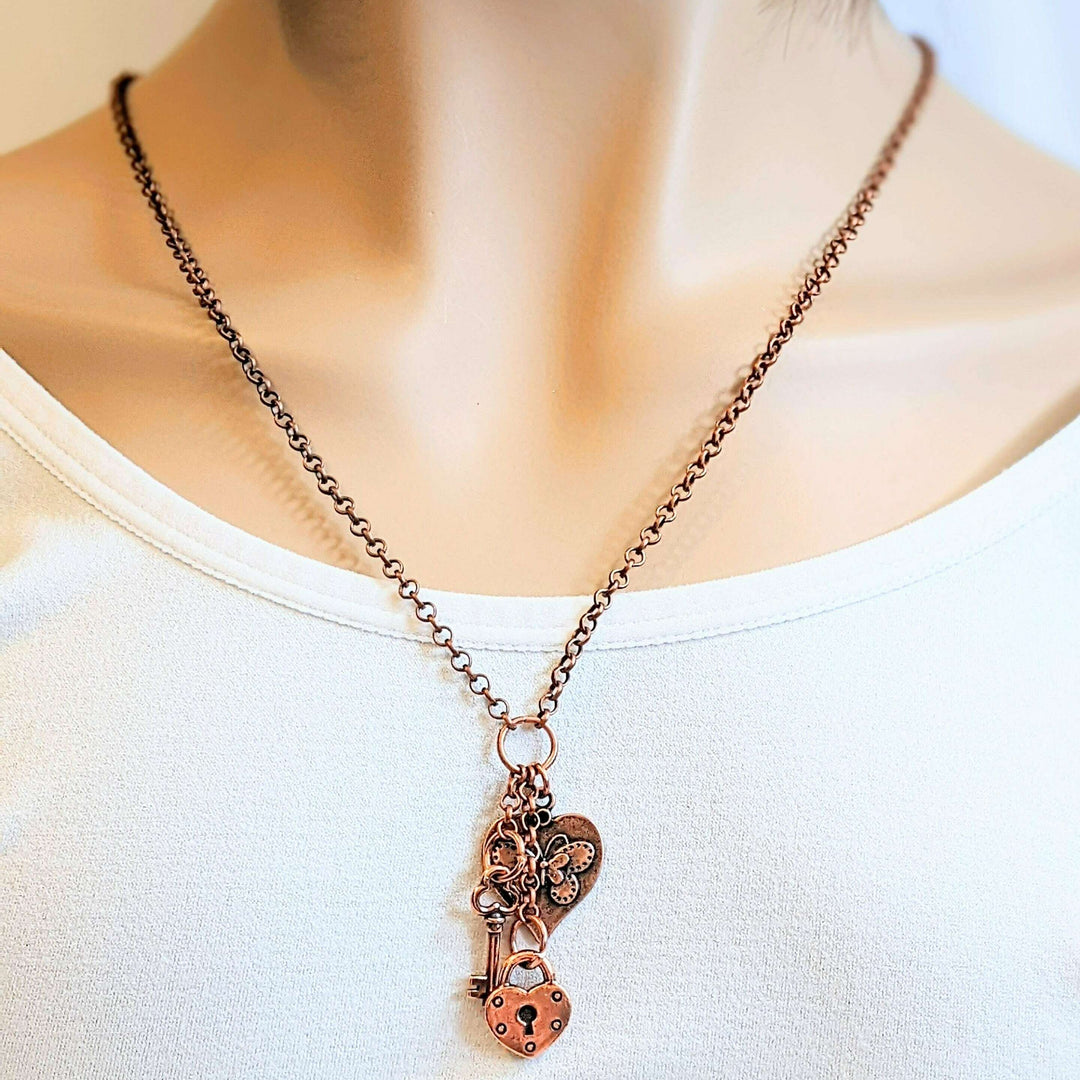 Heart Lock & Key Copper Charm Keeper Necklace, 18-24 inch