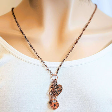 Heart Lock & Key Copper Charm Keeper Necklace, 18-24 inch