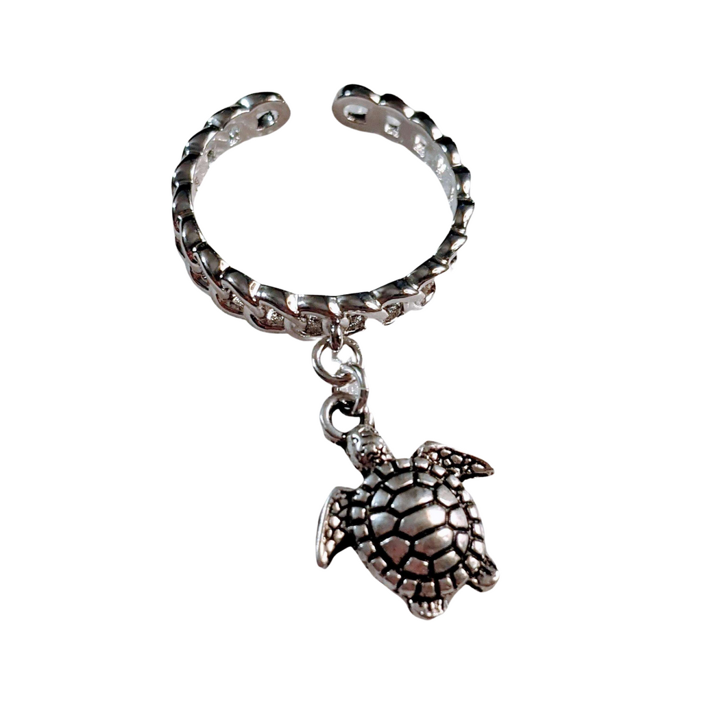 Sterling Silver Sea Turtle Chain Link Charm Ring