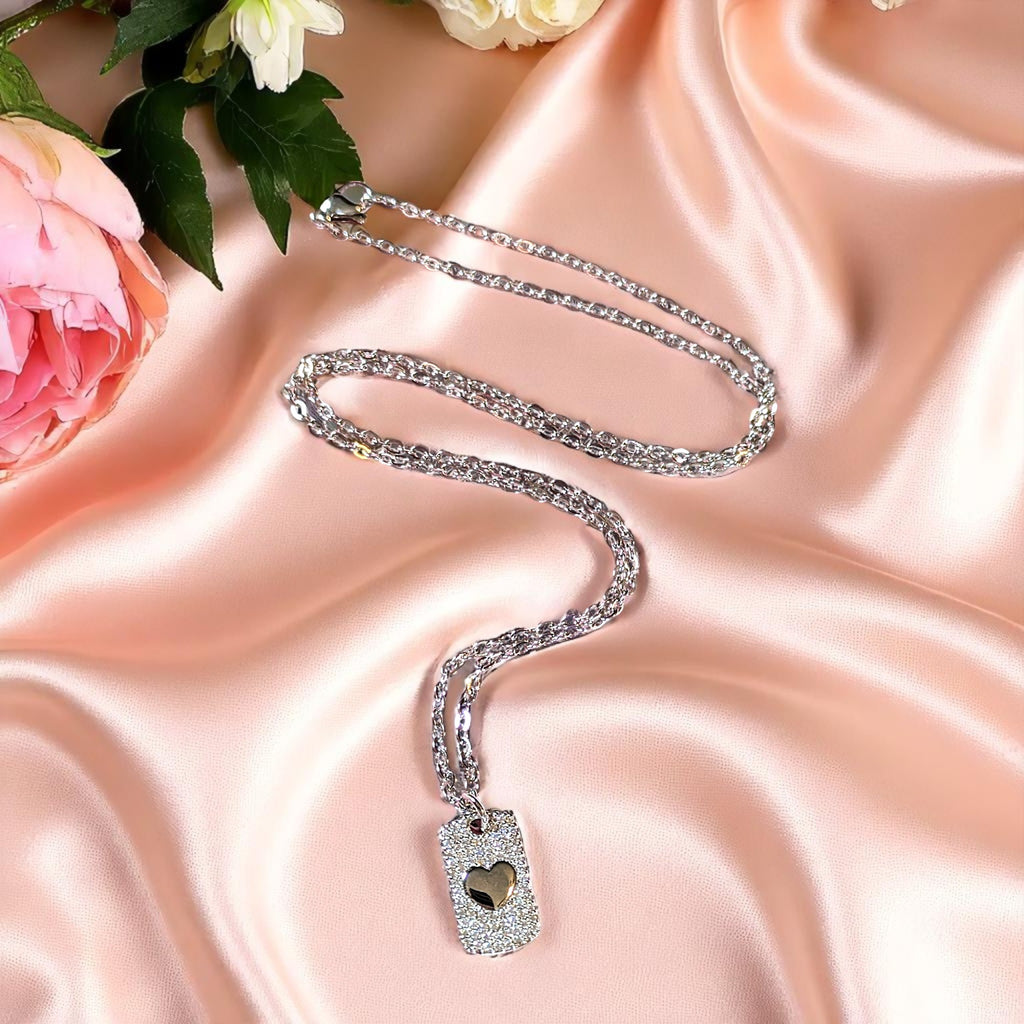 CZ Heart Tag Necklace, Silver - 20 inch
