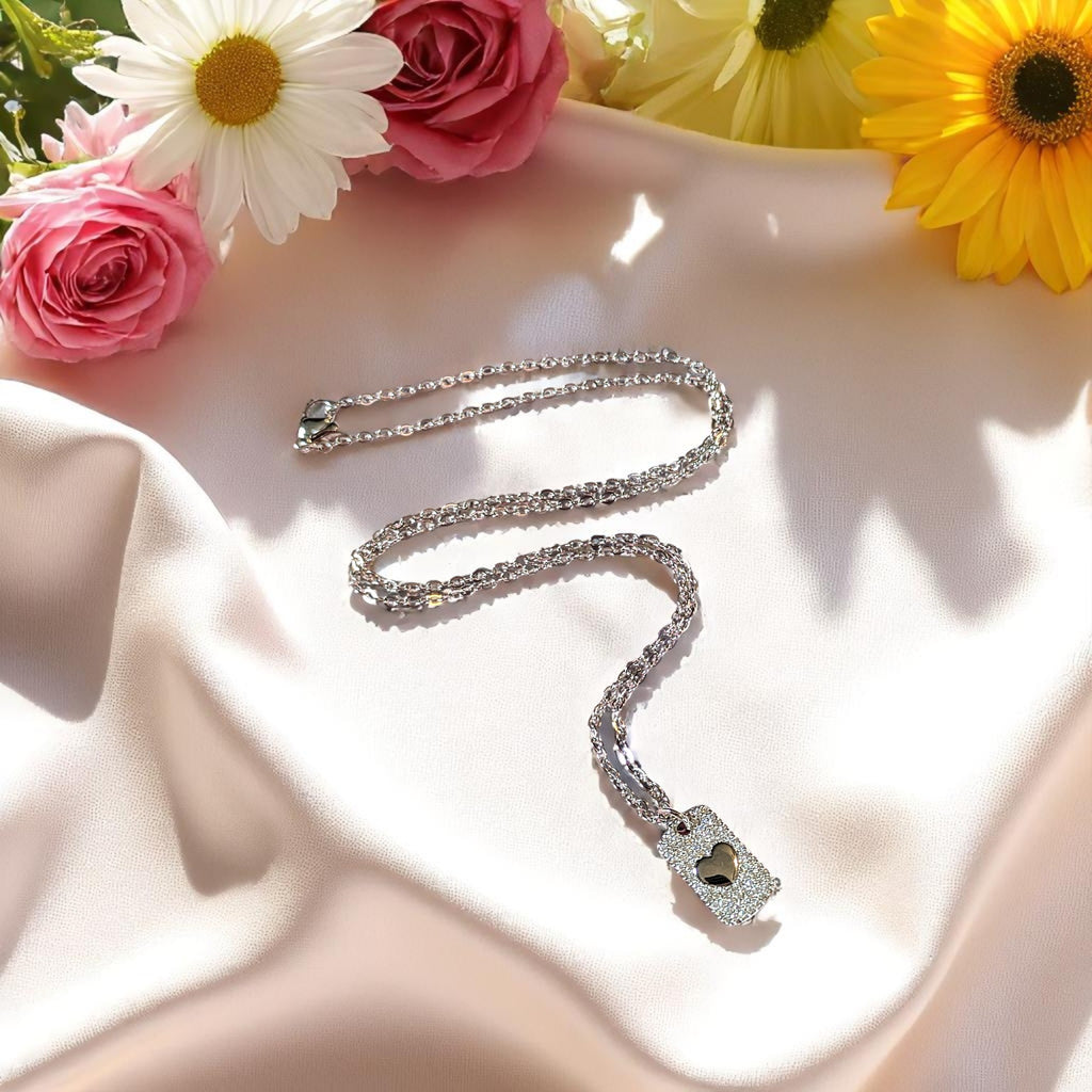 CZ Heart Tag Necklace, Silver - 20 inch