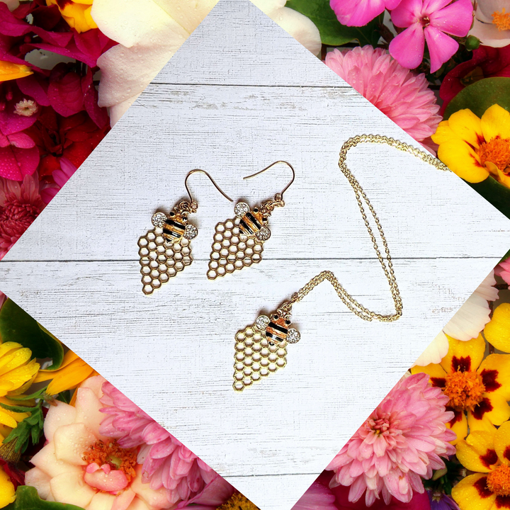Honey Bee Honeycomb charm necklace and Earring set