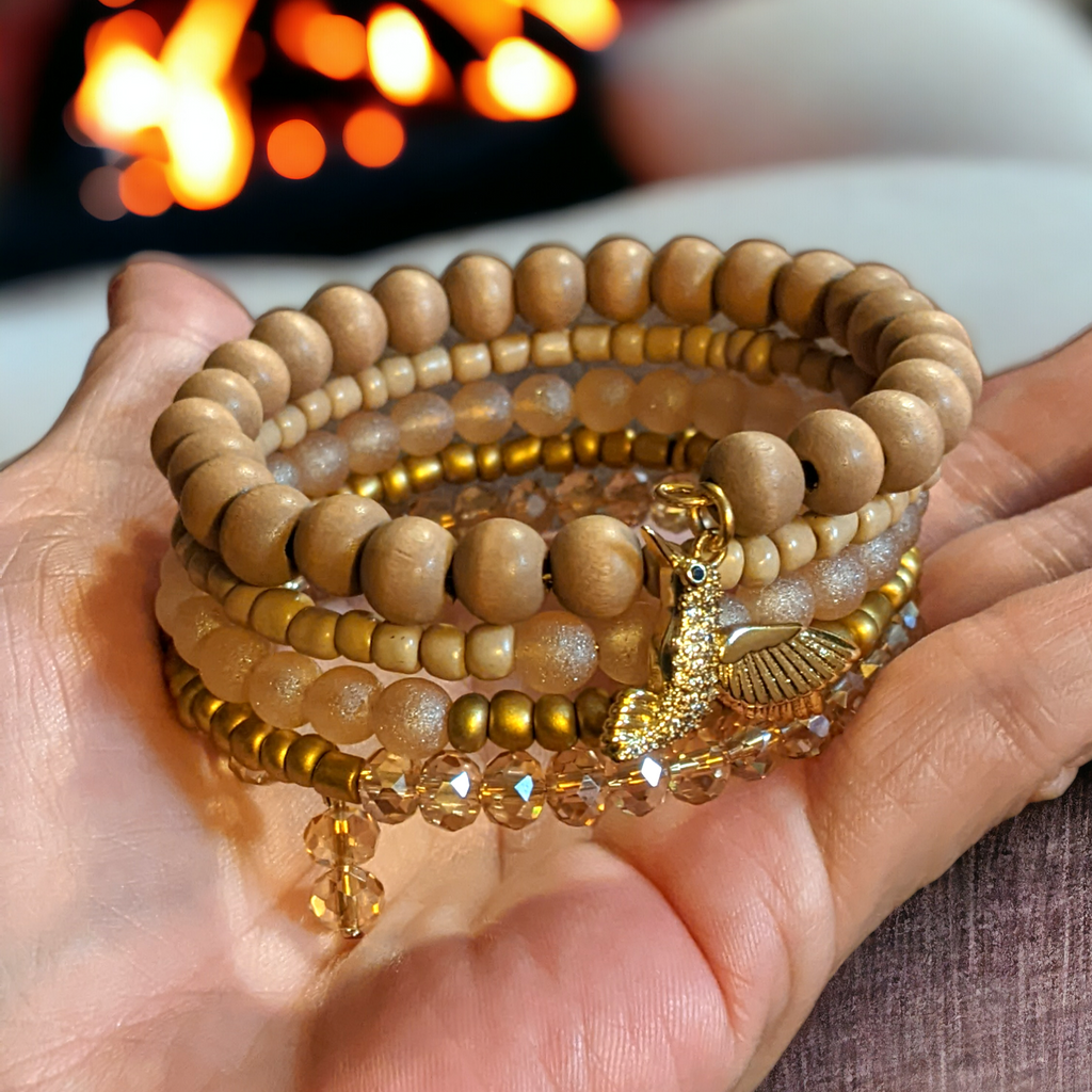 Hummingbird Crystal Beaded Gold Wrap Bracelet