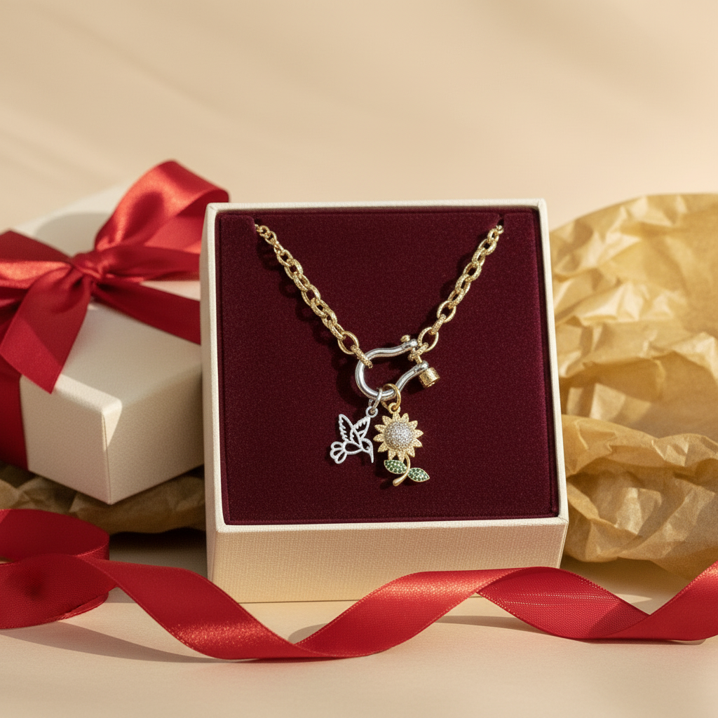 Gold CZ Daisy and Silver Hummingbird Carabiner Necklace, Gold - 20 inch