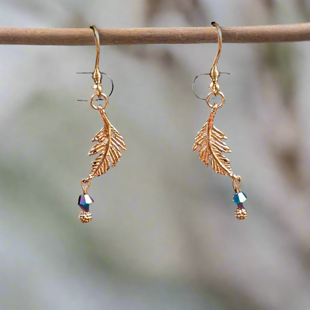 Peacock Crystal Feather Rose Gold dangle earrings