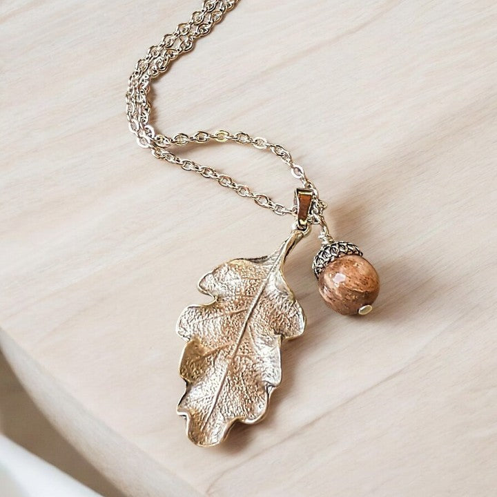 Moonstone Acorn Oak Leaf Necklace, Silver