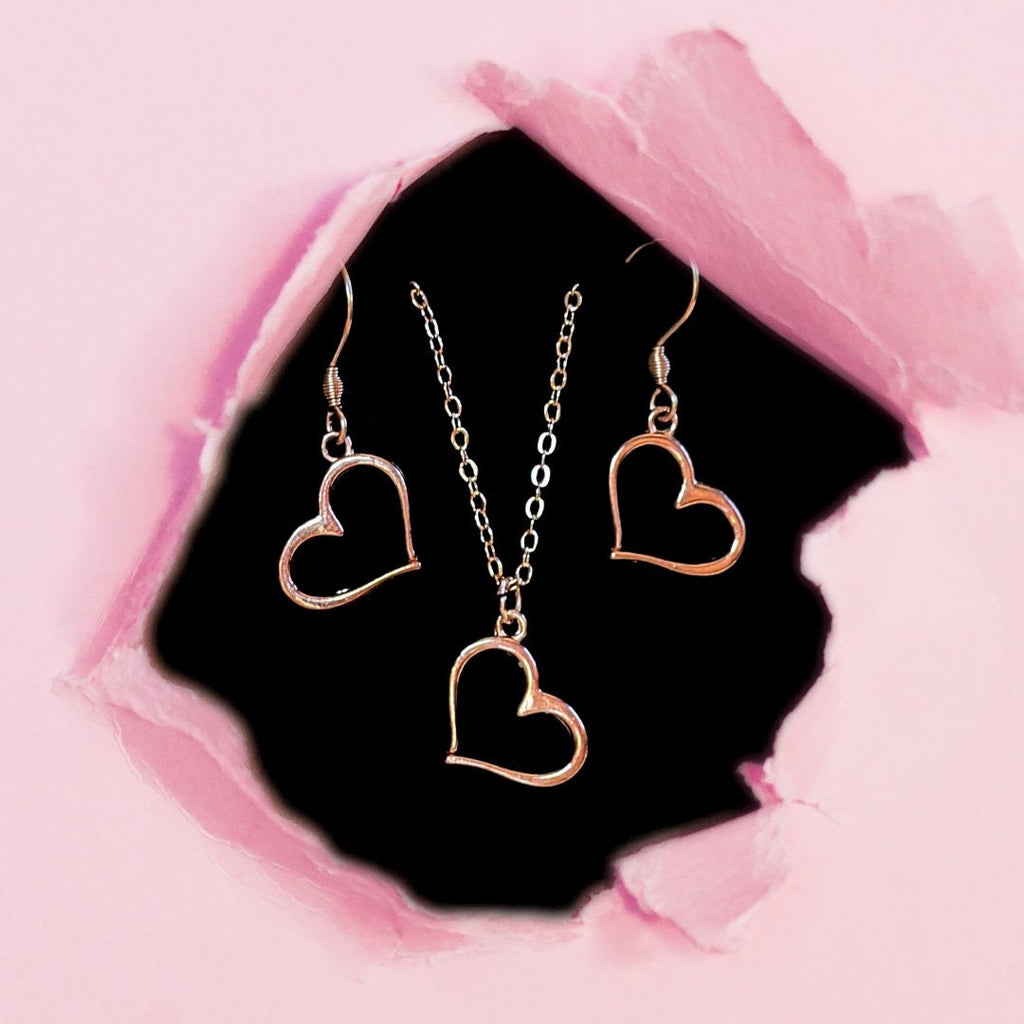 Open Heart Rose Gold necklace and earring set, 18 inch