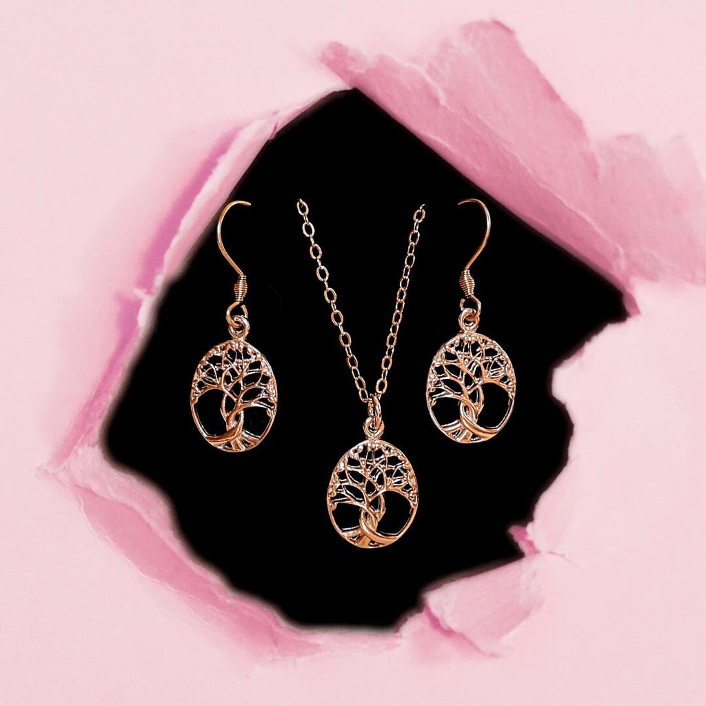 Tree of Life Rose Gold necklace earrings set,18 inch