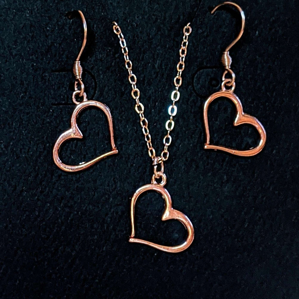 Open Heart Rose Gold necklace and earring set, 18 inch