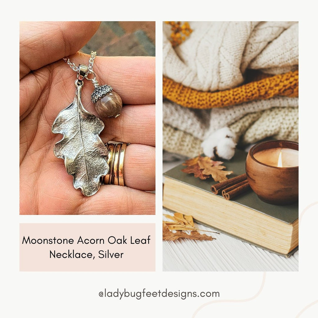 Moonstone Acorn Oak Leaf Necklace, Silver