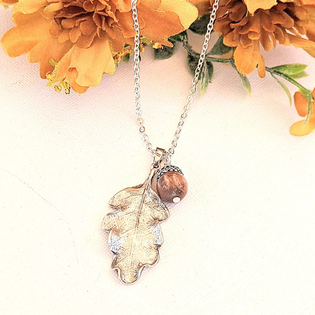 Moonstone Acorn Oak Leaf Necklace, Silver