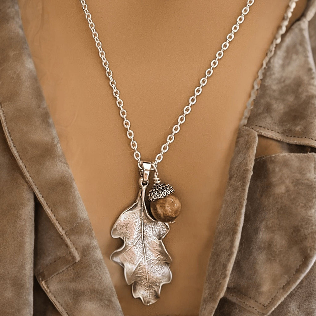 Moonstone Acorn Oak Leaf Necklace, Silver