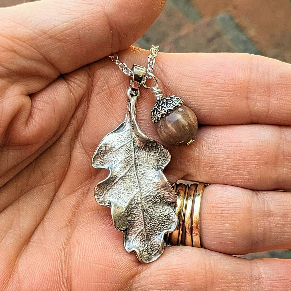 Moonstone Acorn Oak Leaf Necklace, Silver