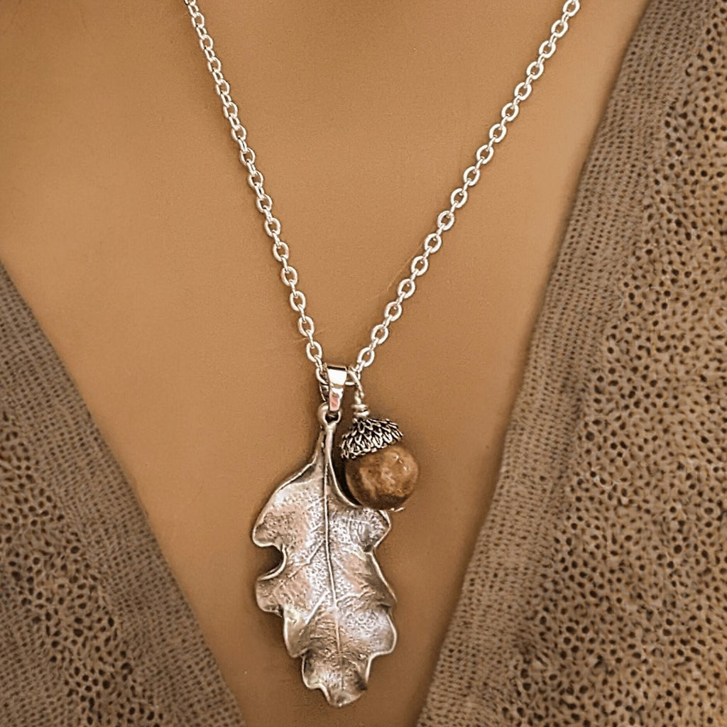 Moonstone Acorn Oak Leaf Necklace, Silver