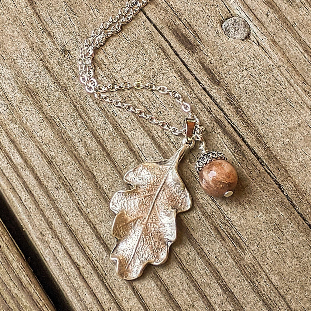 Moonstone Acorn Oak Leaf Necklace, Silver