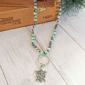 Sea Turtle Semi-Precious Gemstone Necklace - 36 inch