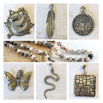 Pink Zebra Jasper Semi-Precious Gemstone Necklace with Pendants- 60 inch Necklace & Interchangeable Pendants