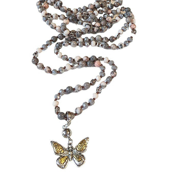 Pink Zebra Jasper Semi-Precious Gemstone Necklace with Pendants- 60 inch