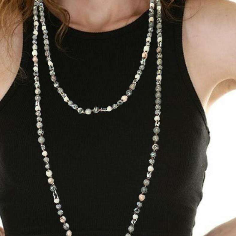 Pink Zebra Jasper Semi-Precious Gemstone Necklace with Pendants- 60 inch