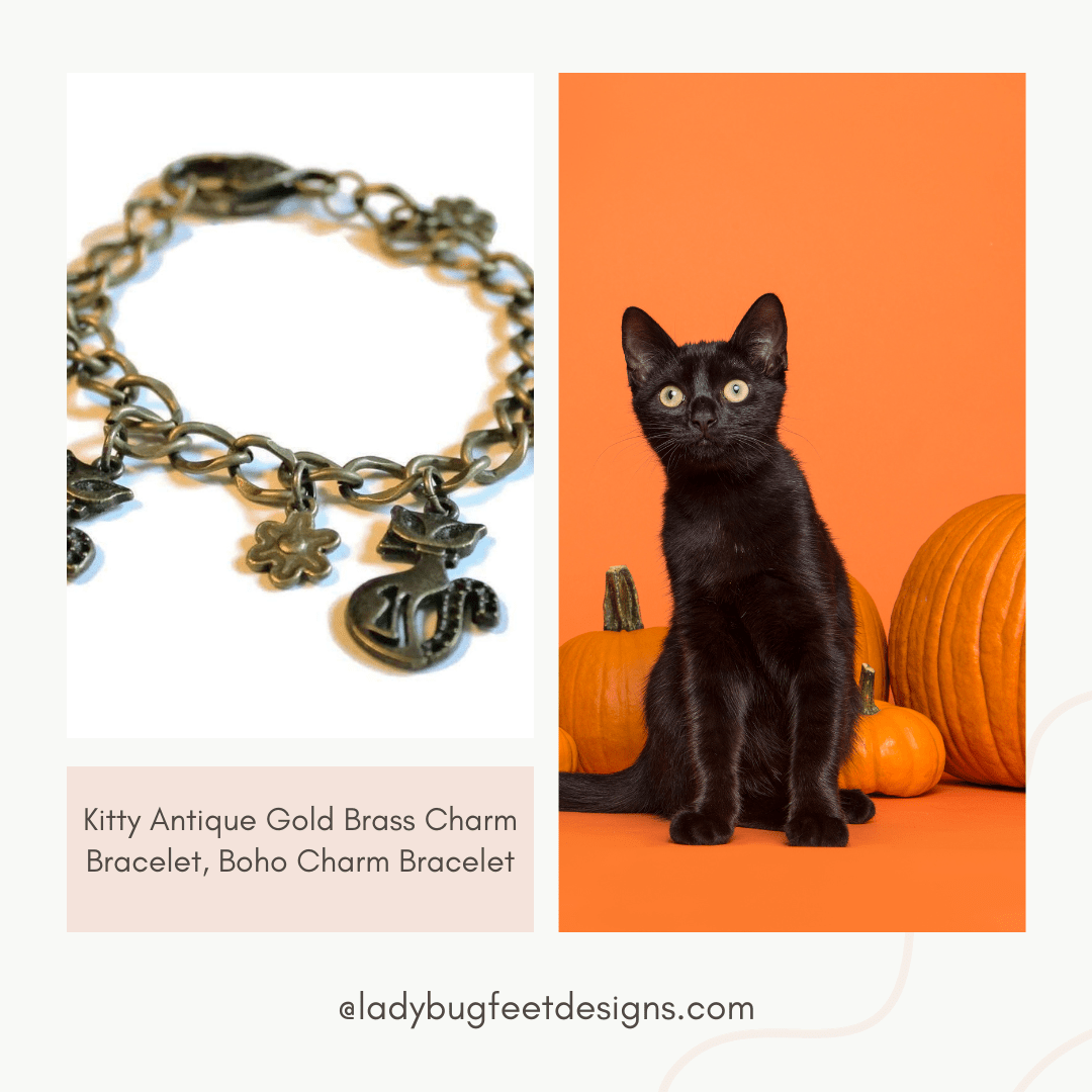 Kitty Antique Gold Brass Charm Bracelet, Boho Charm Bracelet