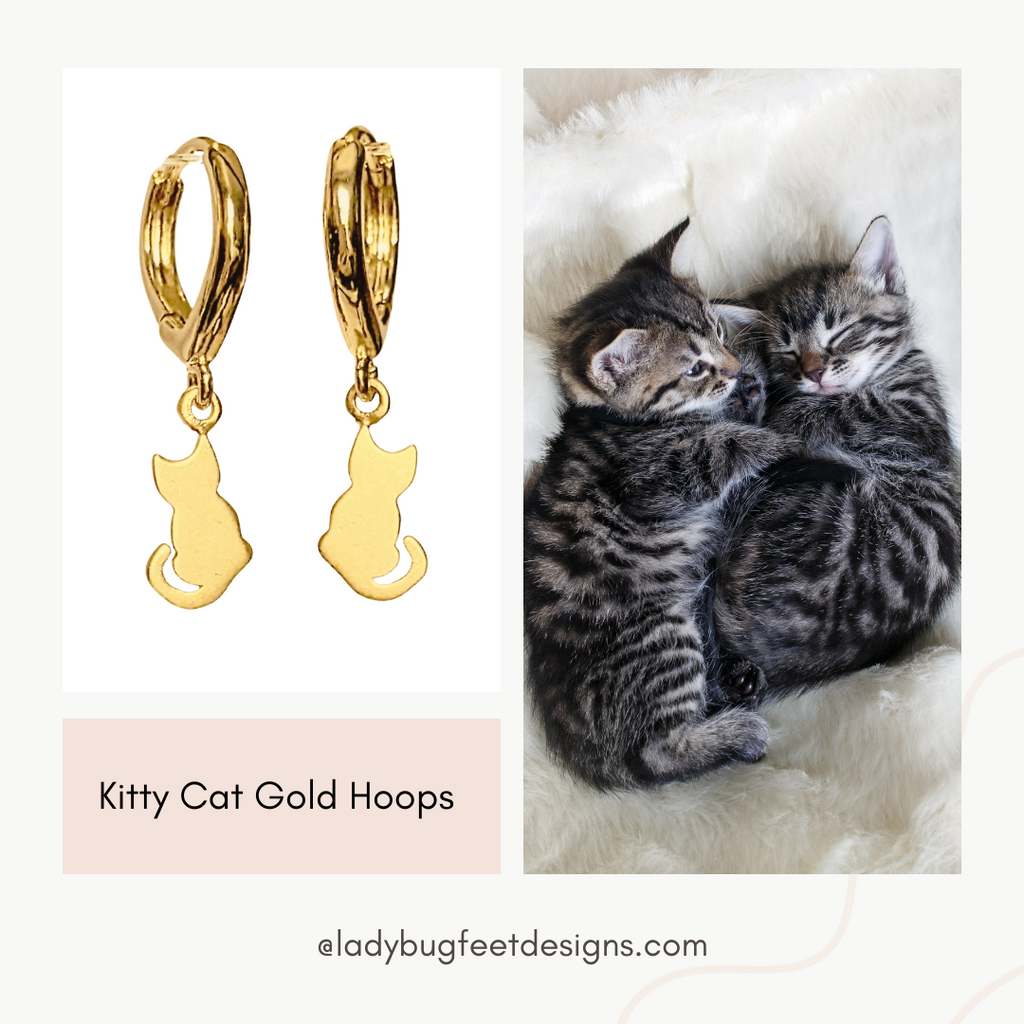 24K Gold Kitty Cat Huggie Hoop earrings, 15mm Hoop Drop