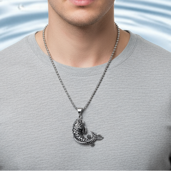 Koi Pendant, Fisherman's necklace, Men's Stainless Steel necklace, 28 inches