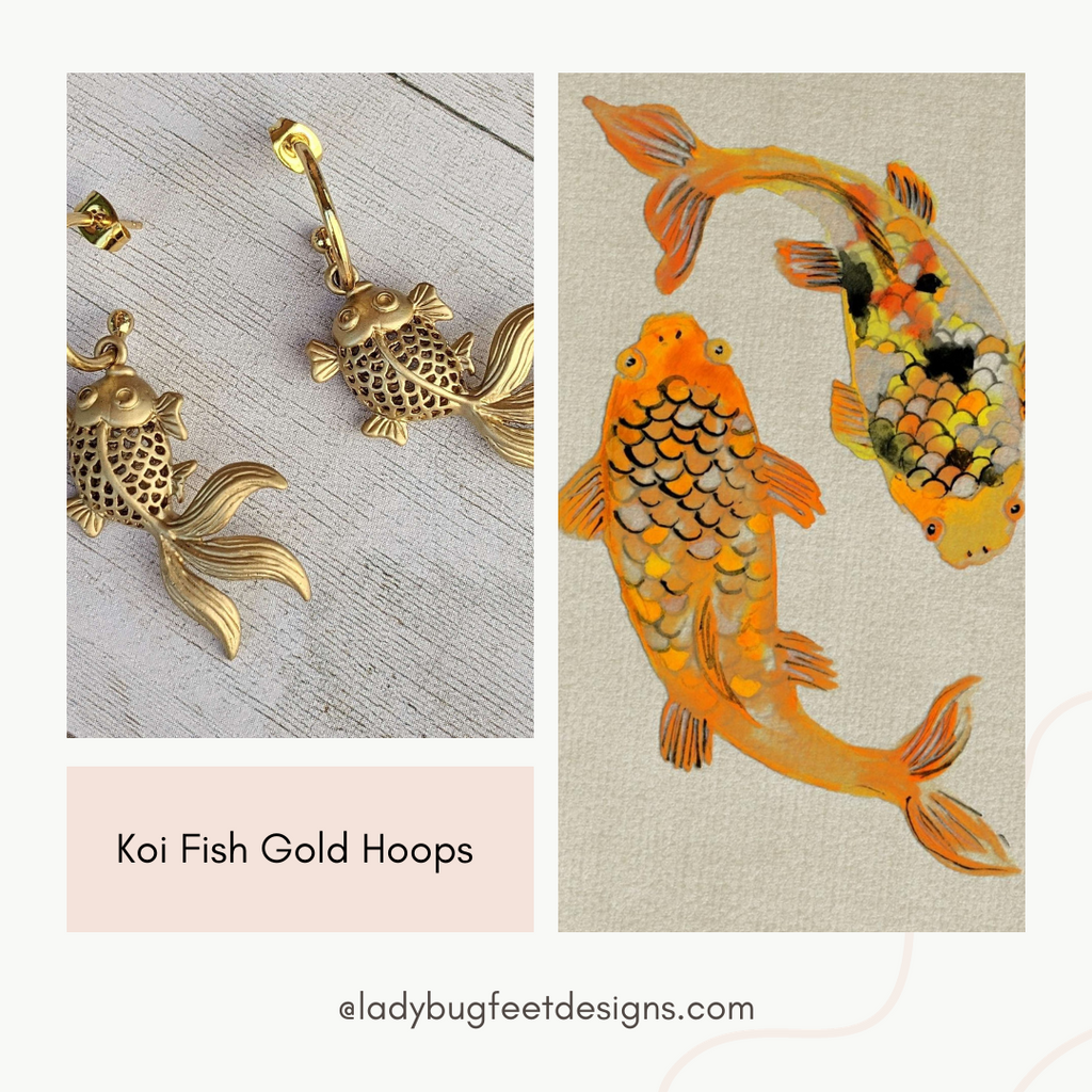 Japanese Koi Gold Hoop earrings, Hoop Drop