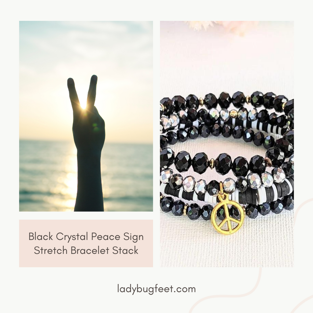Black Crystal Peace Sign Stretch Bracelet Stack