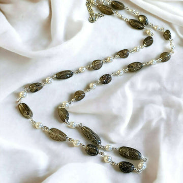 Labradorite Oval Bead and Pearl Necklace, 20 inch