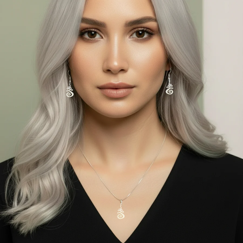 Unalome Earring/Necklace Set, Silver - Adjustable