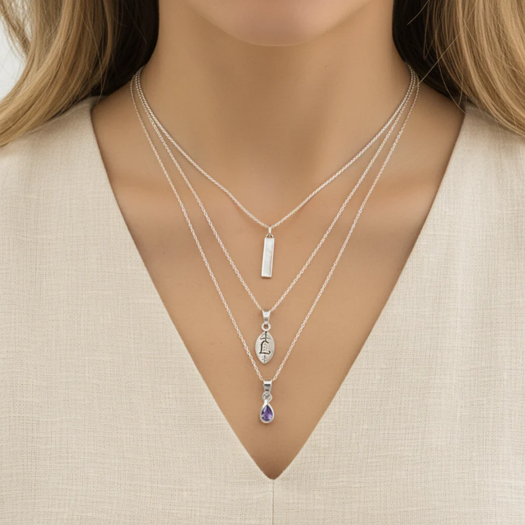 Silver Bar Amethyst Initial Leaf Layered Necklace Set, Silver