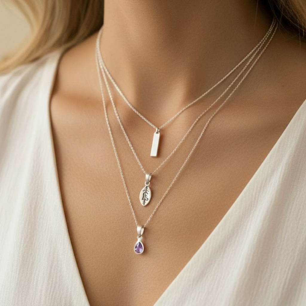 Silver Bar Amethyst Initial Leaf Layered Necklace Set, Silver