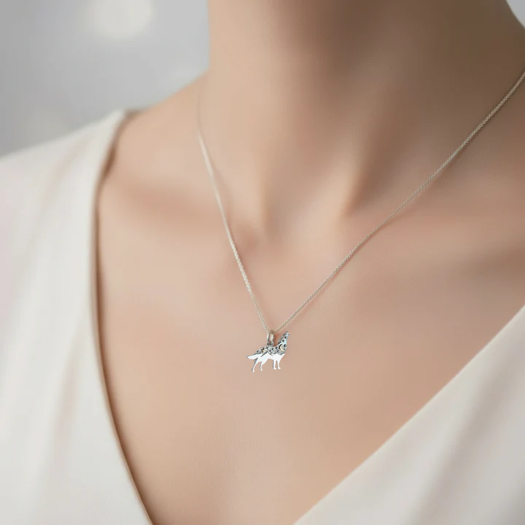 Celestial Wolf Pendant charm necklace, Sterling Silver - 22 inch