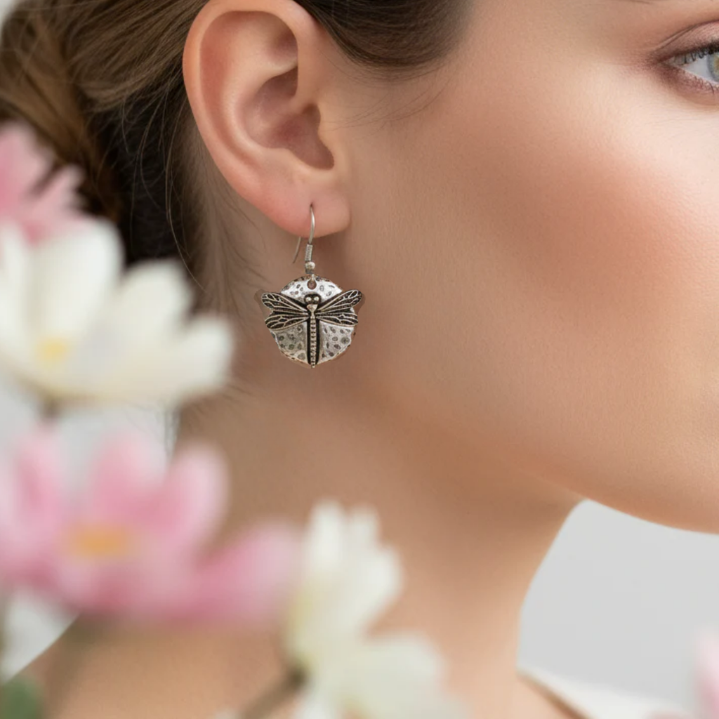 Dragonfly Hammered Disc Dangle Earrings, Two-Toned
