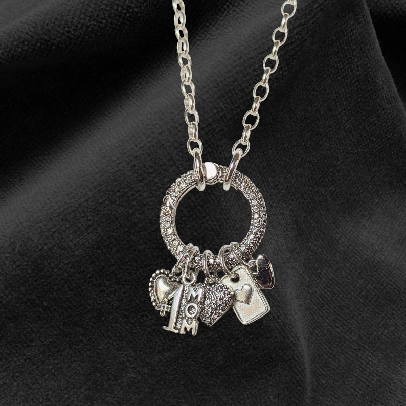 #1 Mom Silver CZ Snap Ring Necklace, .925 Sterling Silver - 20 inch