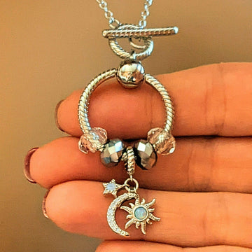 Moon Sun Star Sterling Silver Toggle Charm Necklace, 20 inches