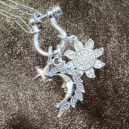 Celestial Moon Face, CZ Sun and Star Carabiner Necklace, Silver - 20 inch