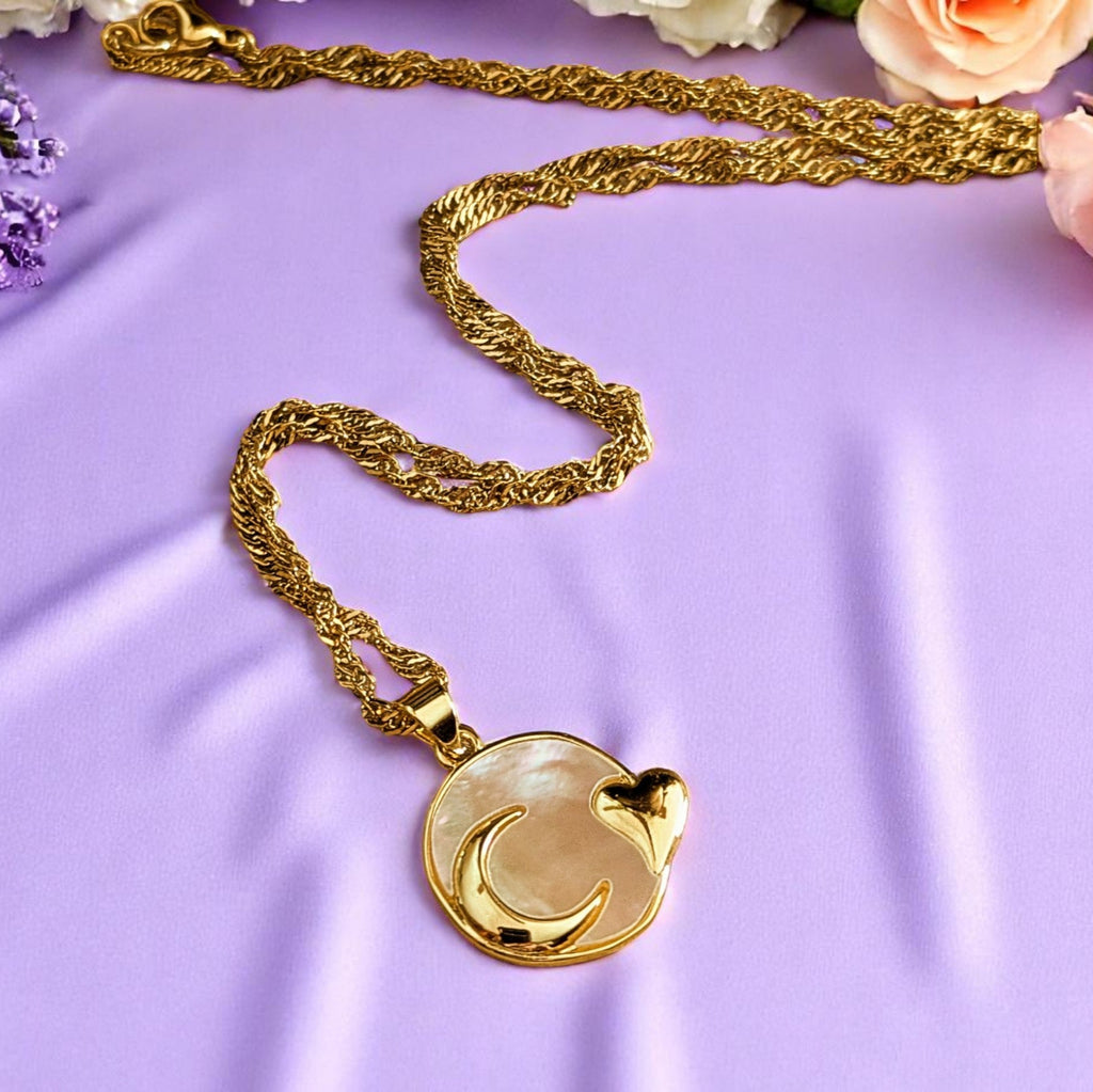 Pearl Shell Moon Heart necklace, Gold- 20 inch