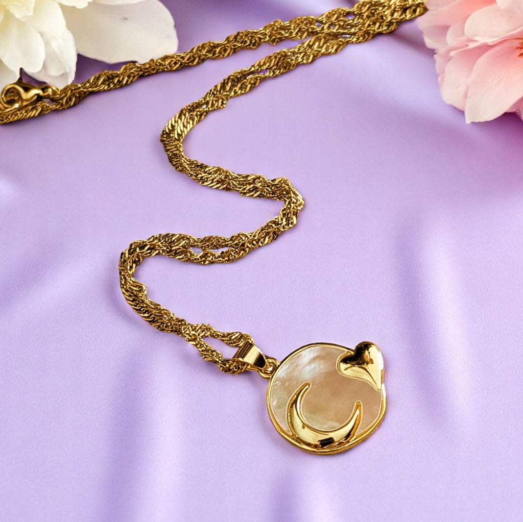 Pearl Shell Moon Heart necklace, Gold- 20 inch