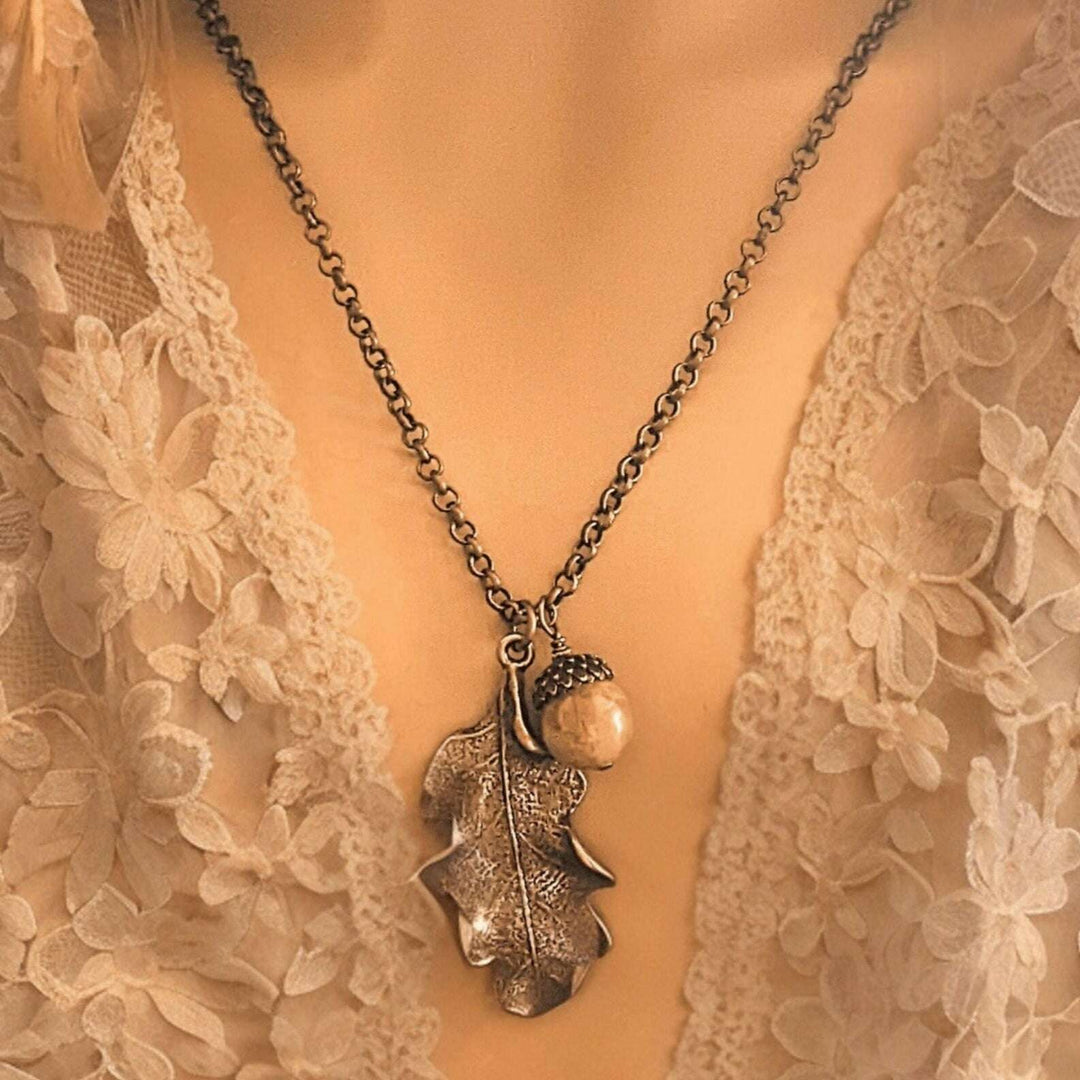 Moonstone Acorn Oak Leaf Necklace, Antique Bronze